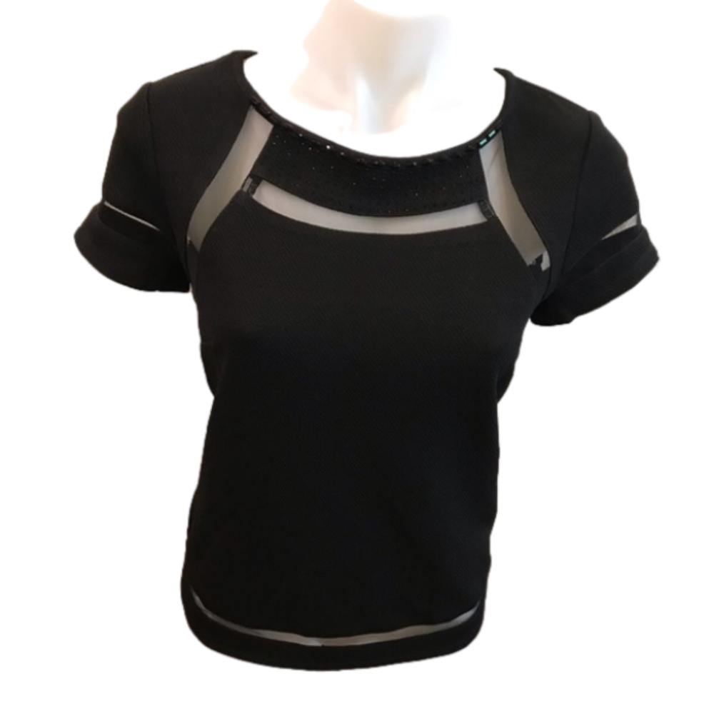 NEW Leo Guy Black with sheer cutouts crew neck Top